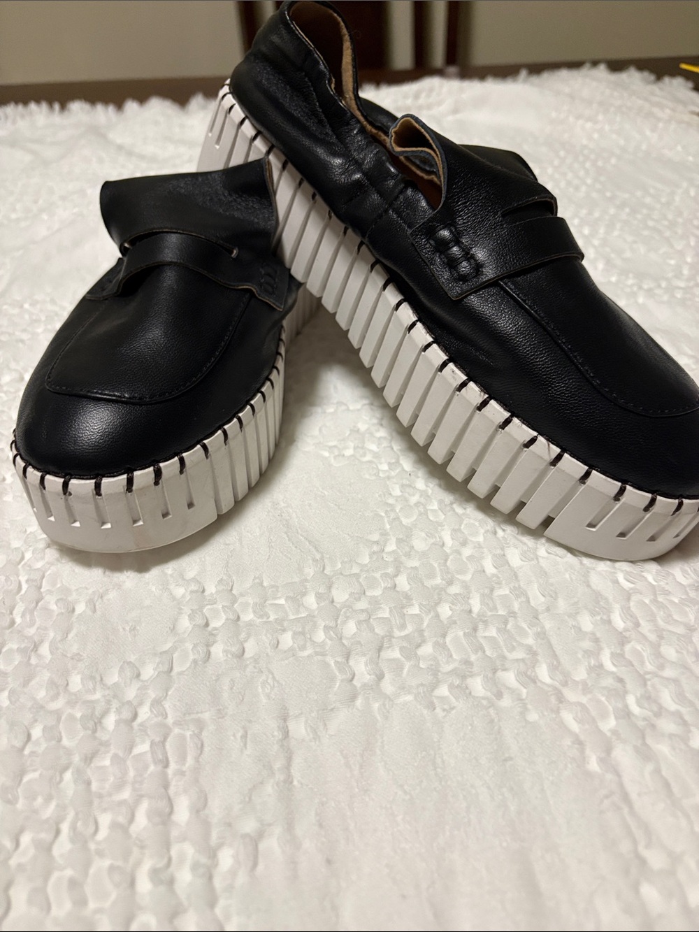 Men's Black Leather Platform Loafers with White Ribbed Sole